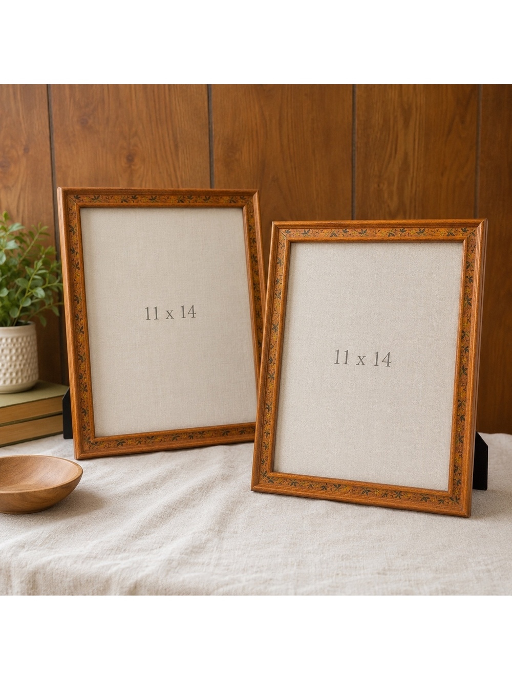 Vintage Floral Wood Picture Frames Set of 2 11x14 Tabletop Display Frames